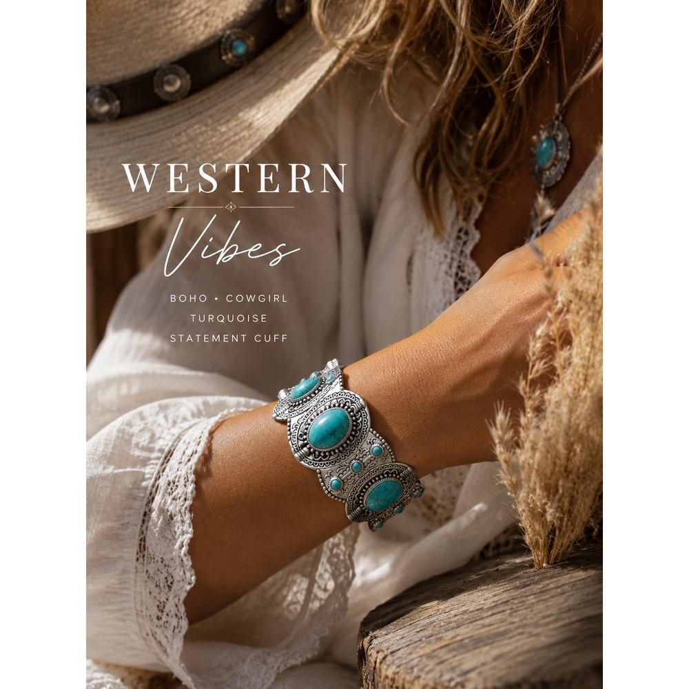 Western Turquoise Cuff Bracelet Silver Stretch Cowgirl Rodeo Coastal Cowgirl